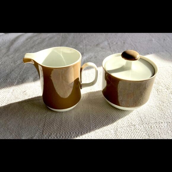 Vintage Sango Brown White Aquarius  CREAMER & SUGAR SET Japan Used On TV Show. - Picture 1 of 5